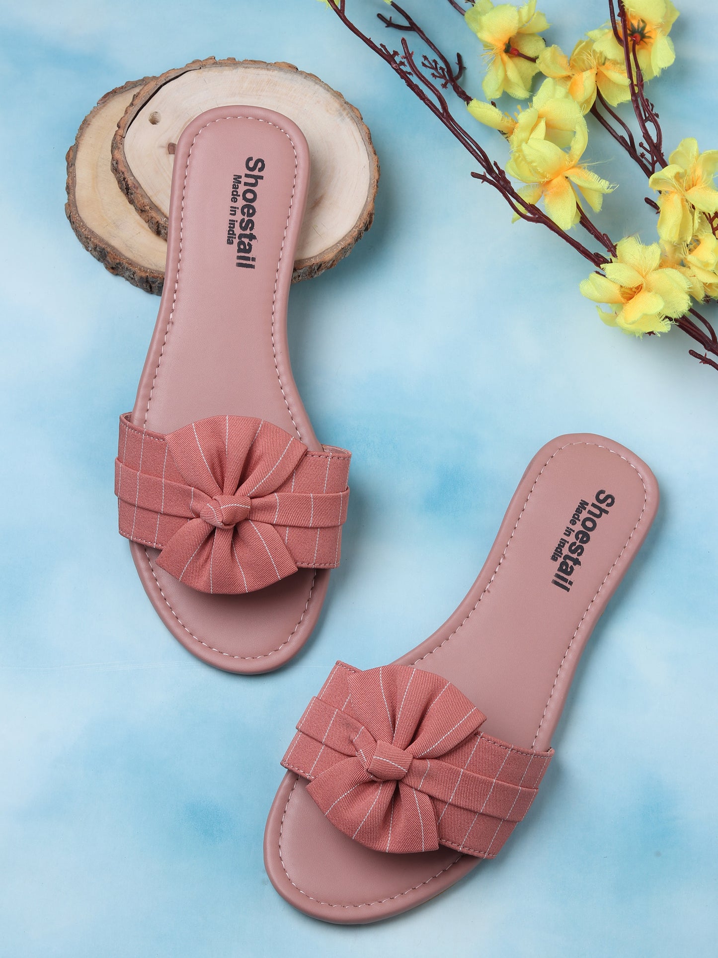 Kenstto Striped Bow Detail Open Toe Flats For Women & Girls