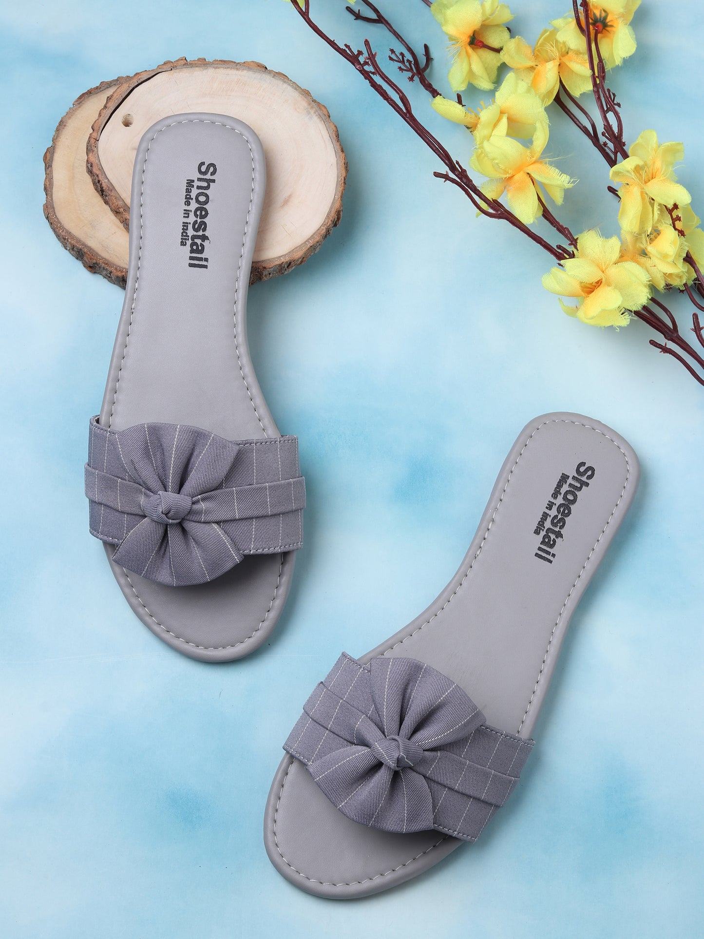 Kenstto Striped Bow Detail Open Toe Flats For Women & Girls