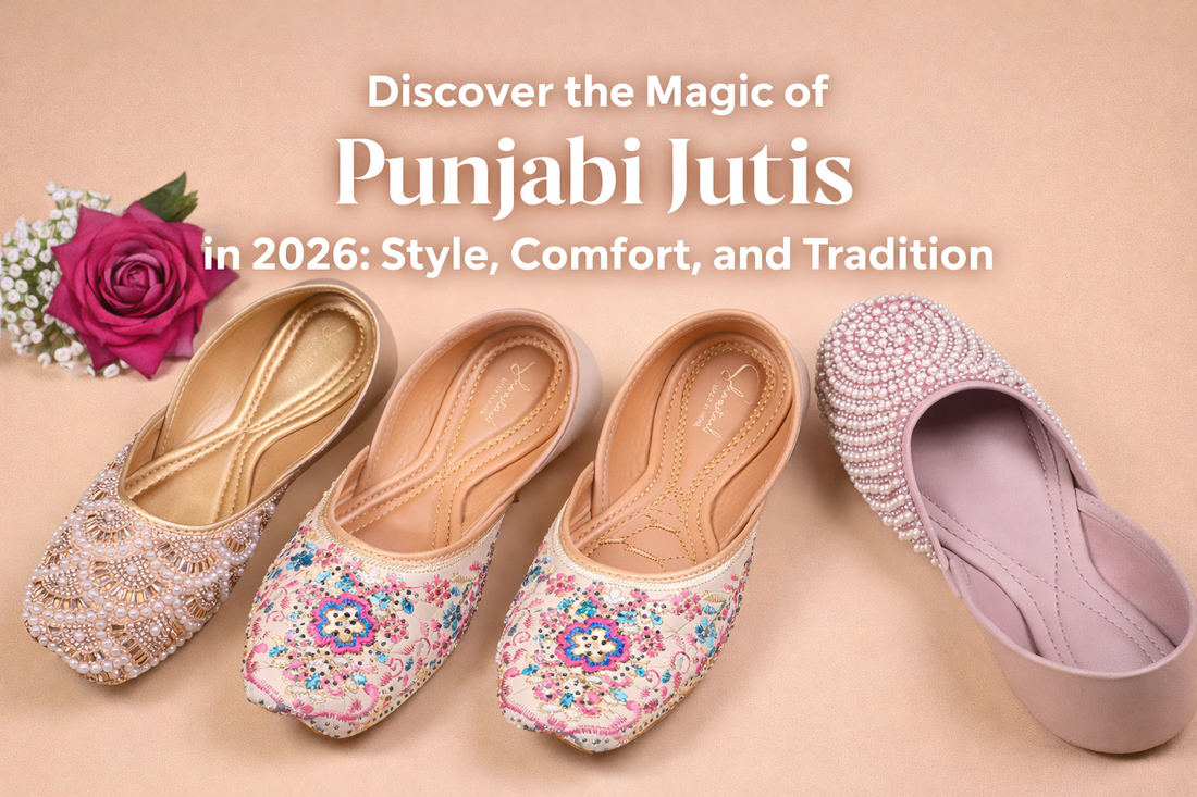 Punjabi jutis for women 2026 – stylish embroidered and pearl embellished ethnic footwear.