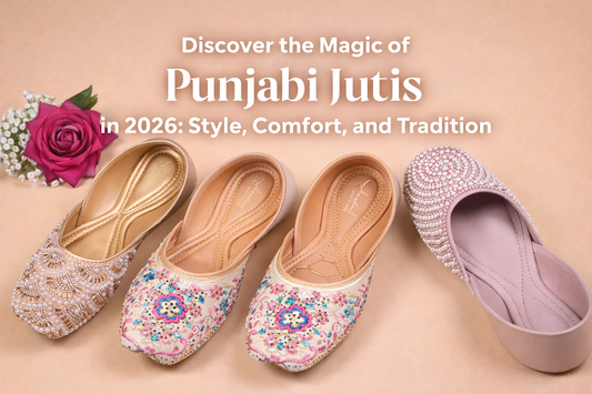 Punjabi jutis for women 2026 – stylish embroidered and pearl embellished ethnic footwear.